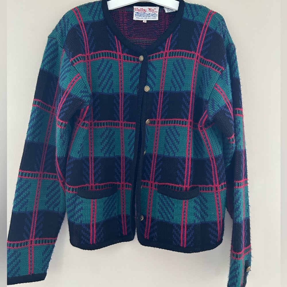 Vintage Tally Ho Red and Blue Patterned Cardigan